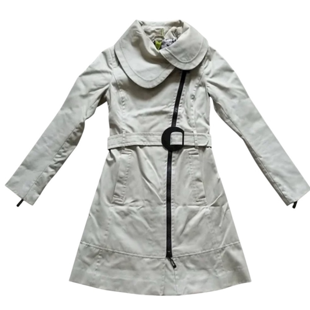 SOIA & KYO FUNNEL NECK  BELTED TRENCH COAT, ZIP FRONT SZ SMALL